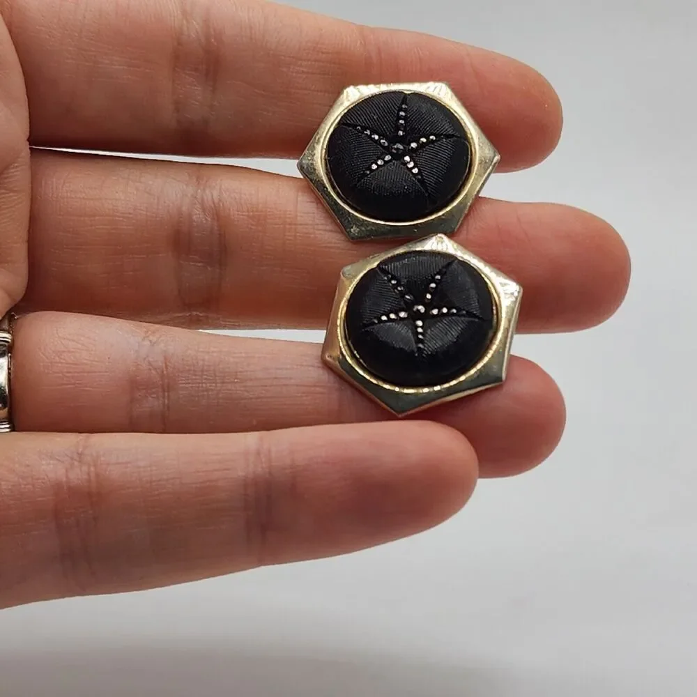 Vintage Oldak Mid-Century 1950’s Modern Art Black Hexagon Marcasite Cufflinks